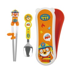 Edison X Pororo 不鏽鋼筷匙組 右手用 附收納盒, 筷子 2雙 + 湯匙 + 收納盒, 1組, 消防員造型