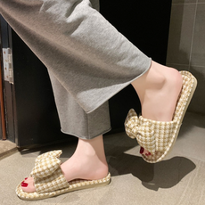 EVER HOUSE 簡約蝴蝶結格紋室內拖鞋, 1個, 淺黃色