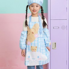 女童用 大耳狗 格紋 美術 料理 頭巾 + 袖套 兩側穿戴 + 圍裙 組