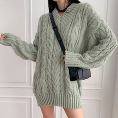 針織女款寬鬆厚實麻花V領針織Juna洋裝, 薄荷綠