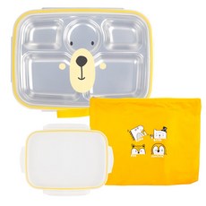 kitchen U 不鏽鋼加深型餐盤便當袋 + 無圖案蓋套組, 熊, 餐盤 + 卡通蓋 + 無圖案蓋 + 餐盤袋