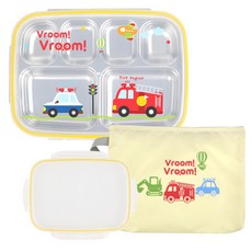 kitchen U 汽車不鏽鋼餐盤提袋便當盒 6格 + 素色蓋子組合, 餐盤 + 卡通圖案上蓋 + 素色上蓋 + 餐盤袋, 1套, 混合顏色