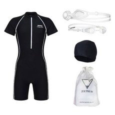 zetessport 女童連身泳衣 2461 + 泳鏡 + 泳帽 + 收納袋 生存游泳套組