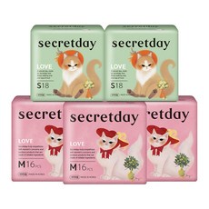 secretday 韓國原裝進口 Love系列 衛生棉 蝶翼 M 16片 3包 + S 18片 2包, M(24.5cm) + S(21cm), 1組