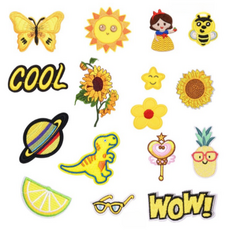 Simple Line 簡易刺繡熱熔布貼 徽章 黃色 16件組, 1套, 混合色