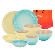 LE CREUSET 雪酪韓式兩人餐具 + 購物袋 9件組, 1套, 飯碗(2入) + 湯碗(2入) + 中尺寸配菜盤(2入) + 茶點盤(2入), 愛麗舍 + 酷涼薄荷