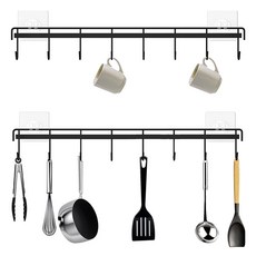 Meo 免鑽孔黏貼式8勾廚具掛架, 黑色, 2個