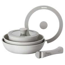 Pn Bliss 電磁爐適用陶瓷不沾鍋具組, 灰色, 1組, 湯鍋 18cm+砂鍋 24cm+平底鍋 26cm+玻璃鍋蓋 2入+可拆式把手