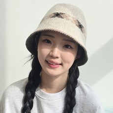 한스모자 여성용 모던 체크 울 띠 벙거지 겨울 니트 라인 버킷햇