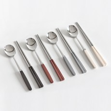 kamome kitchen 韓國產舒適握柄餐具組, 深棕色+酒紅色+灰色+奶油黃, 湯匙 4入+筷子 4雙, 1組