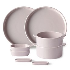 PRELUDE Creamy 雙人早午餐具組 S 8件組, 便利圓碗 中 2p + 圓盤 2p + 橢圓醬料碗 2p + 湯匙筷架 2p, 1套, 粉紅色