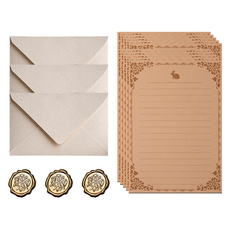 Daily Joy 亞麻信封 3入 + 兔子信紙B 10入 + 蠟封貼紙 3入 組, 白色(信封), 1套