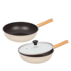 interCOOK IH電磁爐適用森林系列不沾鍋具3件組, 1套, 炒鍋 24cm+炒鍋 24cm+玻璃鍋蓋 24cm, 米色