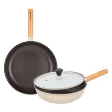 interCOOK IH電磁爐適用森林系列不沾鍋具3件組, 1組, 平底鍋 28cm+炒鍋 28cm+玻璃鍋蓋 28cm, 米色