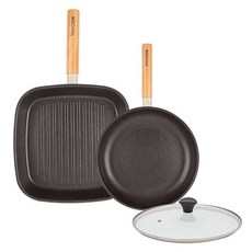 interCOOK IH電磁爐適用森林系列不沾鍋具3件組, 1組, 方形煎鍋 27cm+平底鍋 24cm+玻璃鍋蓋 24cm, 米色