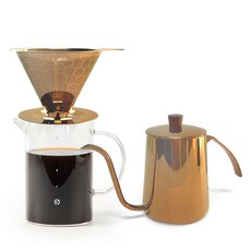 Itsbean 經典多合一咖啡手沖壺 居家咖啡全套組, 1套, 免濾紙玫瑰金濾杯 + 經典玫瑰金手沖壺 + 直筒型玻璃分享壺, 600ml