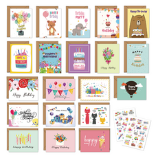 Titan 生日祝福留言卡 20入 + 信封 20入 + 貼紙 2入 A款組合, 1套, 混合色