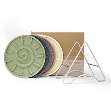 Welllive 矽膠鍋墊4件 + 不鏽鋼三角支架套組, 1套, 橄欖綠 + 嬰兒粉 + 奶油米色 + 炭灰色