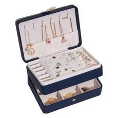 HANEE 優質皮革三層珠寶收納盒, 1個, 海軍藍