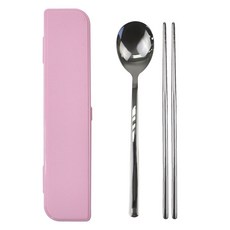 kitchen U 靜音便攜式便當不鏽鋼餐具+餐具盒組, 1套, 湯匙 + 筷子 + 收納盒, 粉紅色