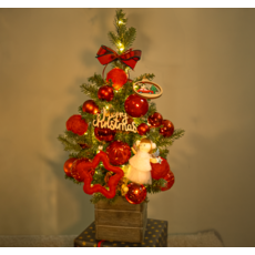 크리스마스 완제품 미니 트리 + 오너먼트 + 전구 풀세트, 레드