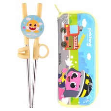 aizoum 鯊魚寶寶不鏽鋼學習筷 警察消防員PVC盒套組, 1套, 黃色