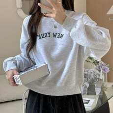 세이스타일 여성용 뉴욕 레터링 크롭 기모 보온 맨투맨