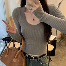 비비에모 여성용 딥유넥 골지 니트 슬림 티셔츠 08578