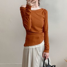 ViVEMO 女款蕾絲邊一字領修身內搭T恤 08539