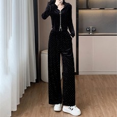 ViVEMO 女款銀河燙鑽水鑽絲絨連帽拉鍊外套 + 長褲套裝 08509