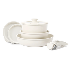 CAROTE IH爐適用可拆式手把不沾鍋7件組, 1組, 圓鍋 18cm+圓鍋 20cm+圓鍋 26cm+可拆式手把+玻璃鍋蓋+塑膠鍋蓋 2入, 乳白色