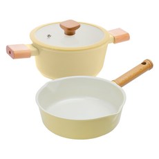 Sisem 電磁爐適用陶瓷不沾鍋具組, 1組, 奶油黃, 多功能鍋 20cm+雙耳鍋 20cm