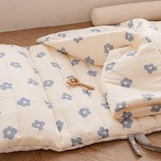 vivienda 孩童莫代爾&Duraron涼感材質雙面薄墊+超細纖維莫代爾午睡被+鋪棉枕芯組, 藍色花朵款(薄墊)+藍色花朵款(被子)
