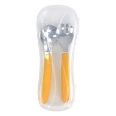 kitchen U 矽膠湯匙叉子便當餐具盒套裝, 1套, 湯匙 + 叉子 + 收納盒, 黃色