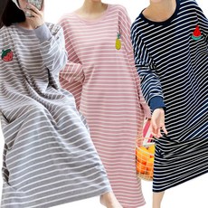 엘쏘 스트라이프 홈웨어 빅사이즈 긴팔 원피스 임산부 파자마 3종 세트