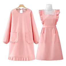 特別商店 可愛荷葉邊多用途防水圍裙 + 圓領長袖套組, 粉紅色