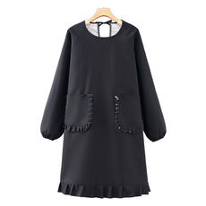 特別商店 可愛荷葉邊多用途防水圍裙 圓領長袖, 黑色