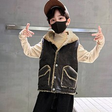 男童柔軟內裡牛仔口袋連帽冬季背心