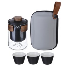 plala 便攜式茶杯 + 收納袋組合, 公道杯 + 濾網 + 茶杯 3入 + 收納袋, 1套, 黑色