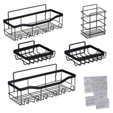 PEONIST 浴室收納免鑽孔鐵製層架2入 + 肥皂架2入 + 牙刷架 + 無痕貼片組合, 1套, 黑色