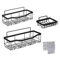 PEONIST 浴室整理免鑽孔鐵製層架2入 + 肥皂架 + 無痕貼片組, 1套, 黑色