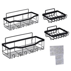 PEONIST 免鑽孔浴室鐵製層架2入 + 肥皂架2入 + 黏貼片套組, 1套, 黑色