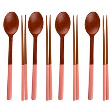 호아랑 대추나무 옻칠 컬러 수저 4인, 플라밍고, 1세트, 숟가락 4p + 젓가락 4p