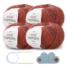 Knitt Wool Harmony 編織毛線 50g x 4入 + 輪針 4mm + 連接線固定器 套組, 1套, 03 秋季磚棕色(編織毛線)