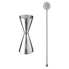 Casabeni 家庭調酒 雞尾酒 全不鏽鋼計量量酒器 45ml / 60ml + 圓形搗棒組, 銀色(搗棒), 1套