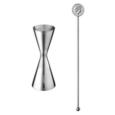 까사베니 홈텐딩 칵테일 올스텐 계량 지거 60ml / 90ml + 원형 머들러 세트, 실버(머들러), 1세트