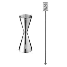 Casabeni 居家調酒 雞尾酒全不鏽鋼量杯 60ml / 90ml + 方形搗棒組, 銀色(搗棒), 1套