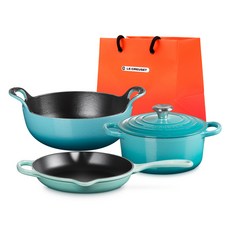 LE CREUSET Best鑄鐵鍋 3種+購物袋 L組, 1組, 加勒比海藍(圓鍋、巴爾蒂盤）、清涼薄荷(煎鍋）, 圓鍋18cm+煎鍋20cm+腳盤20cm+購物袋L