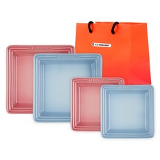 LE CREUSET 東方正方形盤子+購物袋S組 5入, 1組, 方盤 S 2p + 方盤 M 2p + 購物袋 S, 玫瑰石英，海岸藍(板）