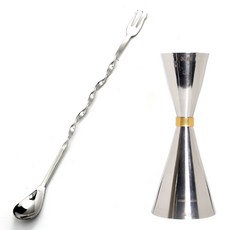 King Metalwork Claro 纖薄量酒器 30ml 60ml + 標準型吧匙 245mm 套組, 銀色, 1套